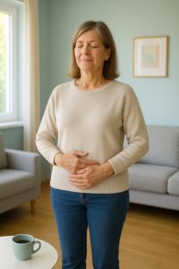 cliente qui vit une prestation à domicile applicant la respiration basse, abdominale pour travailler la relaxation